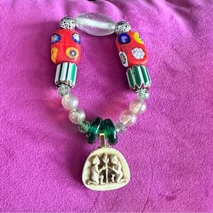 Beaded Bracelet Glass And Ceramic LOVE Carved Charm Stretch Handmade 6.5-7